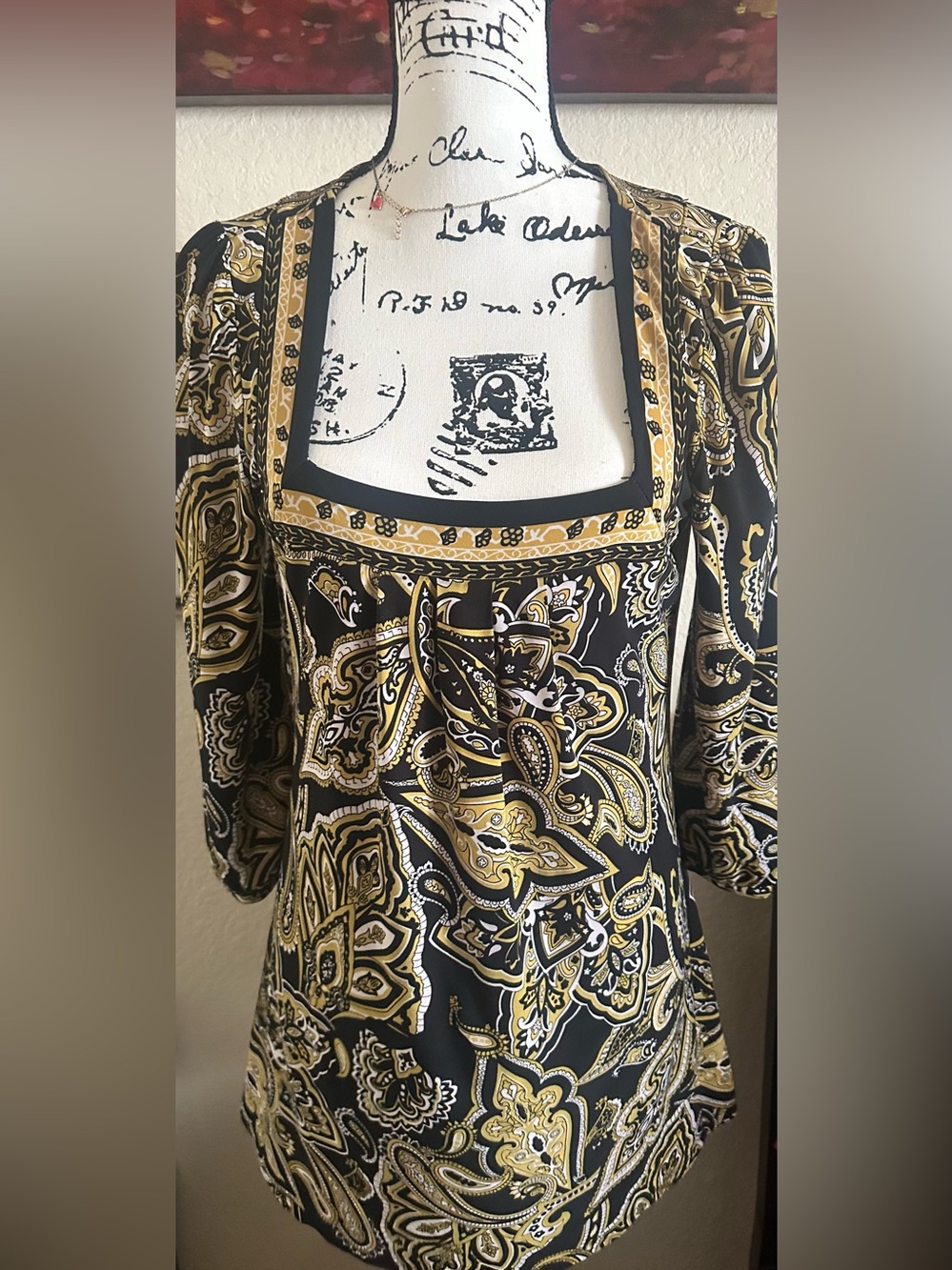 INC International Concepts Black and Gold Paisley Square-Neck Blouse-Medium
